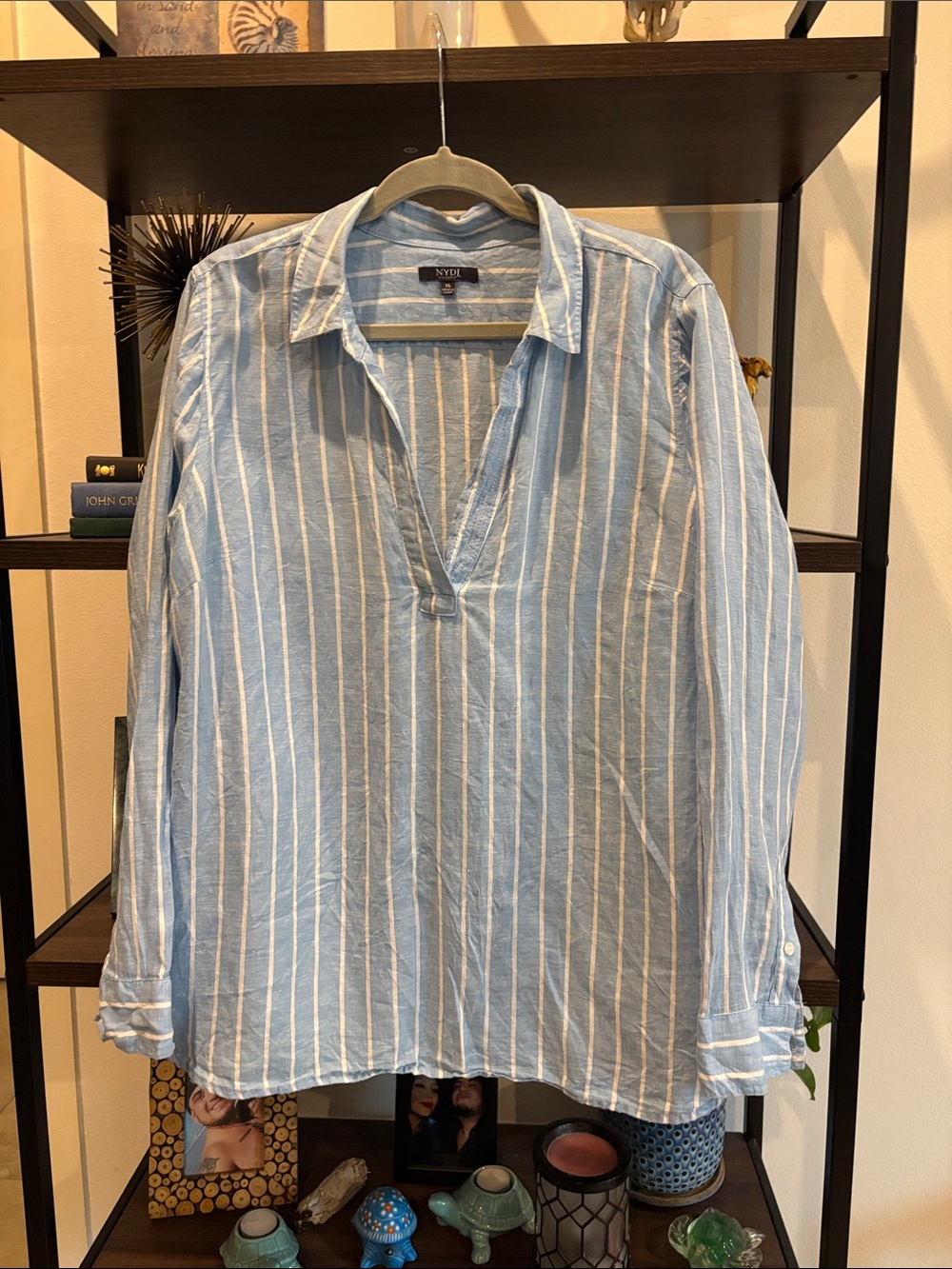 NYDJ Blue White 100% Linen Vertical Stripe Casual Button-Down Shirt XL